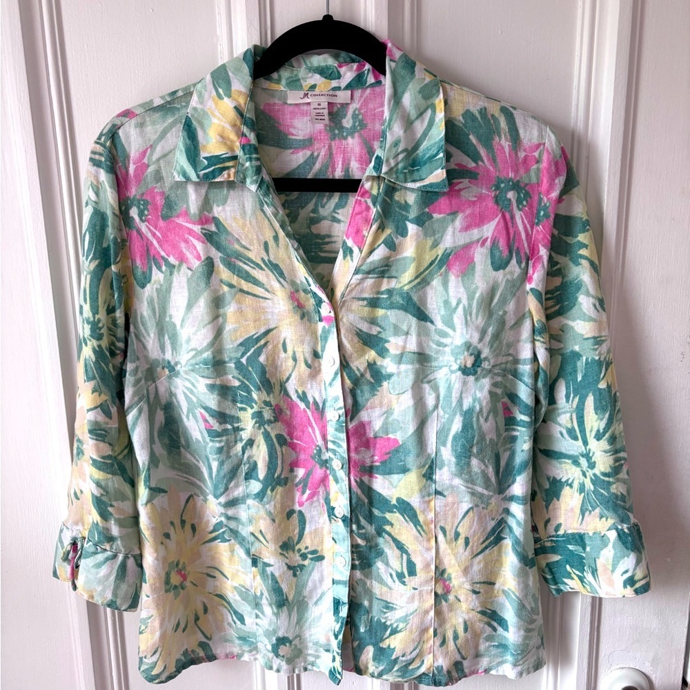 JM Collection Women’s 100% Linen 3/4 Sleeve Button Front Floral Pink /Green Top - Picture 1 of 9